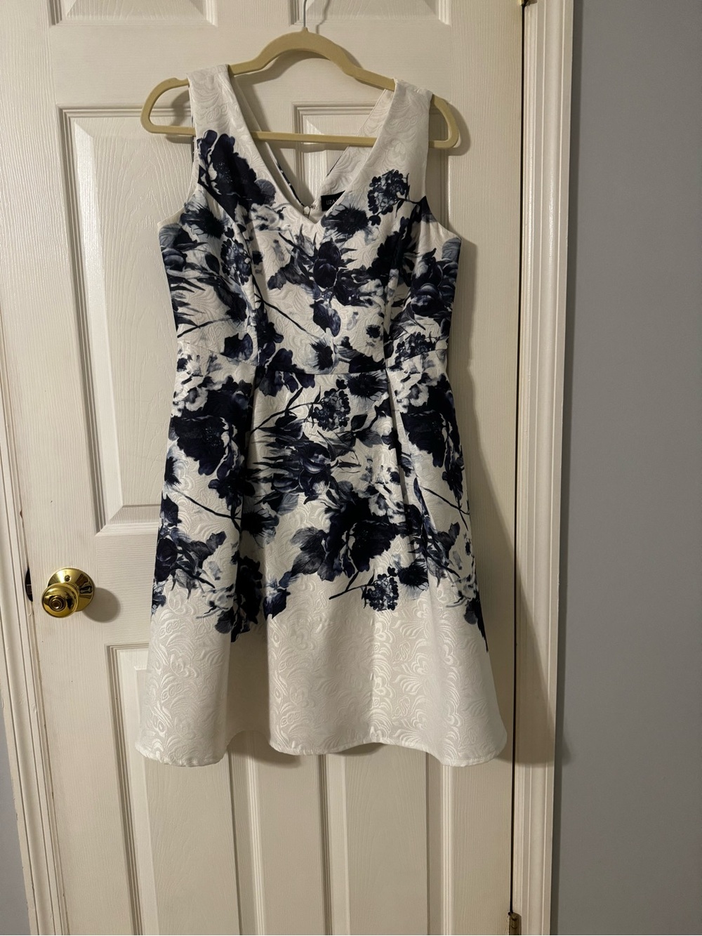 Liza Luxe Elegant White A-Line Dress with Navy Floral Print